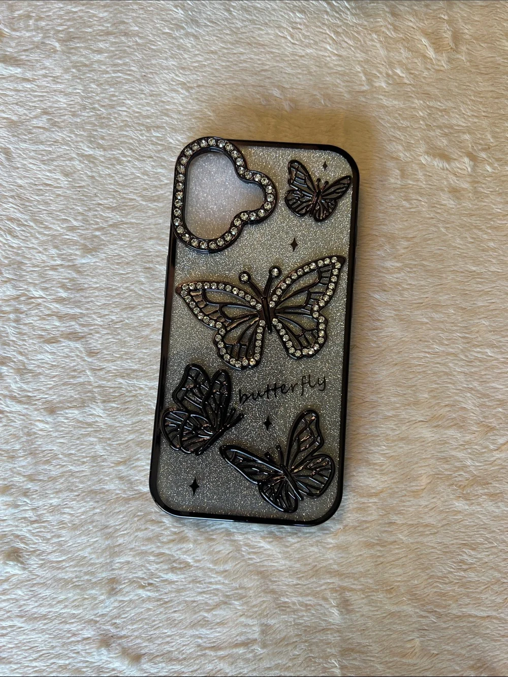 iPhone 16 Butterfly Rhinestone Glitter Phone Case Silver, Clear, Black, Sparkle